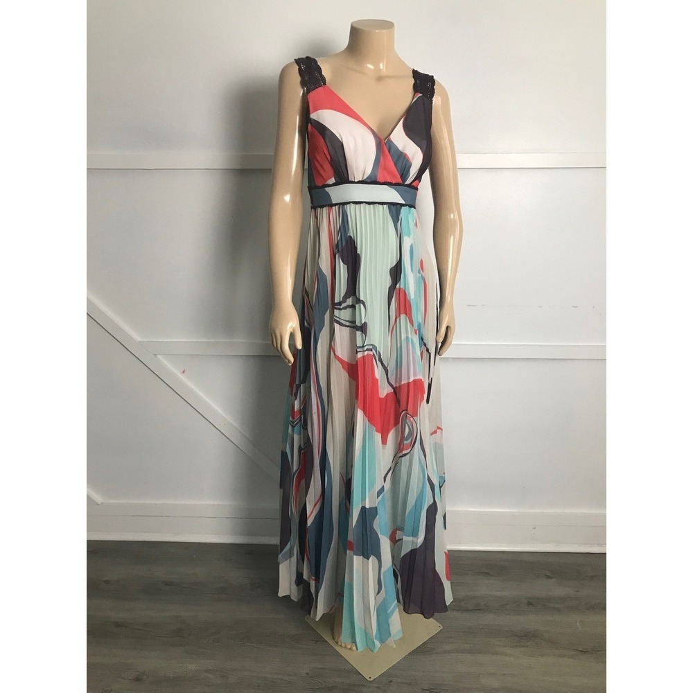 Geisha Deisgns by Anthropologie Abstract Print Pleated Maxi V-Neck Dress Size2